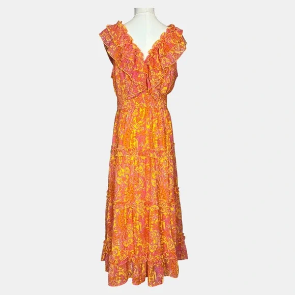 Versona Women's M Orange Pink Paisley Midi Dress Tiered Ruffle | Boho - Picture 5 of 7